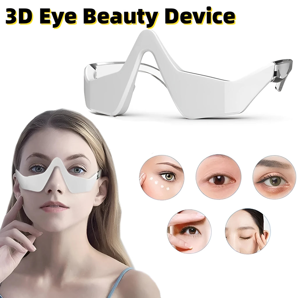 Pink and white micro-current eye massager with glasses-style design for wrinkle reduction and dark circle removal