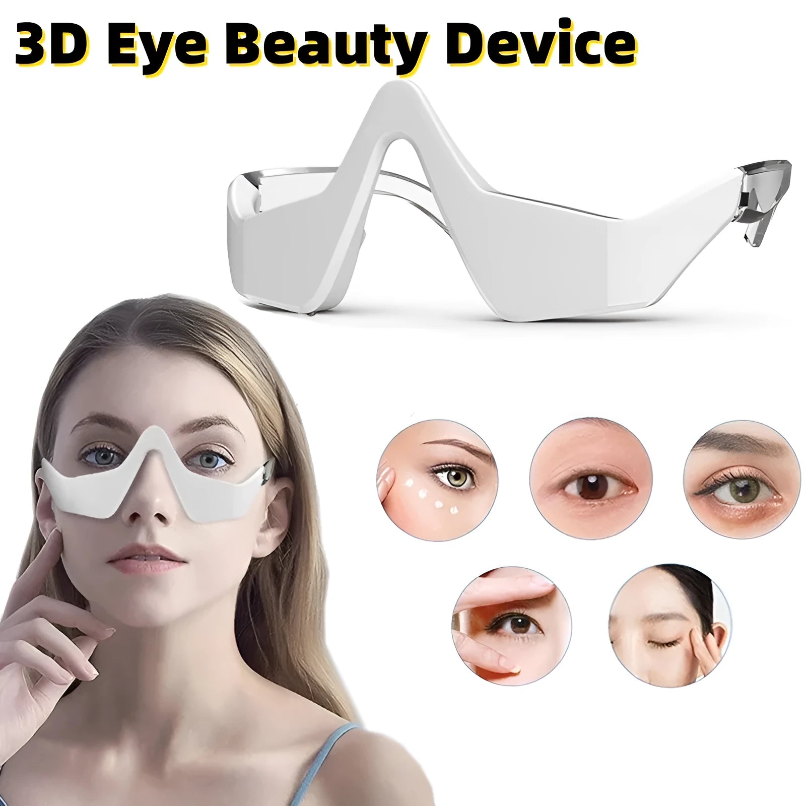 Pink and white micro-current eye massager with glasses-style design for wrinkle reduction and dark circle removal
