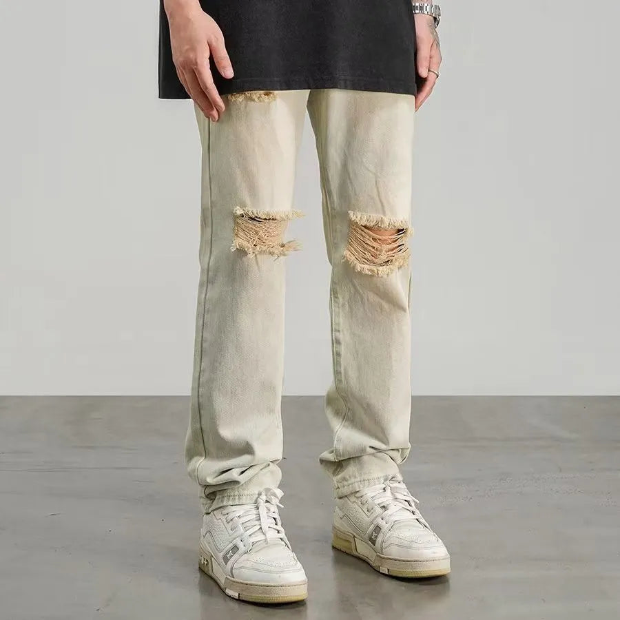 Men's ripped straight-leg wide-leg jeans in yellow mud colour polyester fabric size S to 3XL
