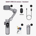 Black mobile phone stabilizer PTZ gimbal with AI tracking module and tripod on a flat surface