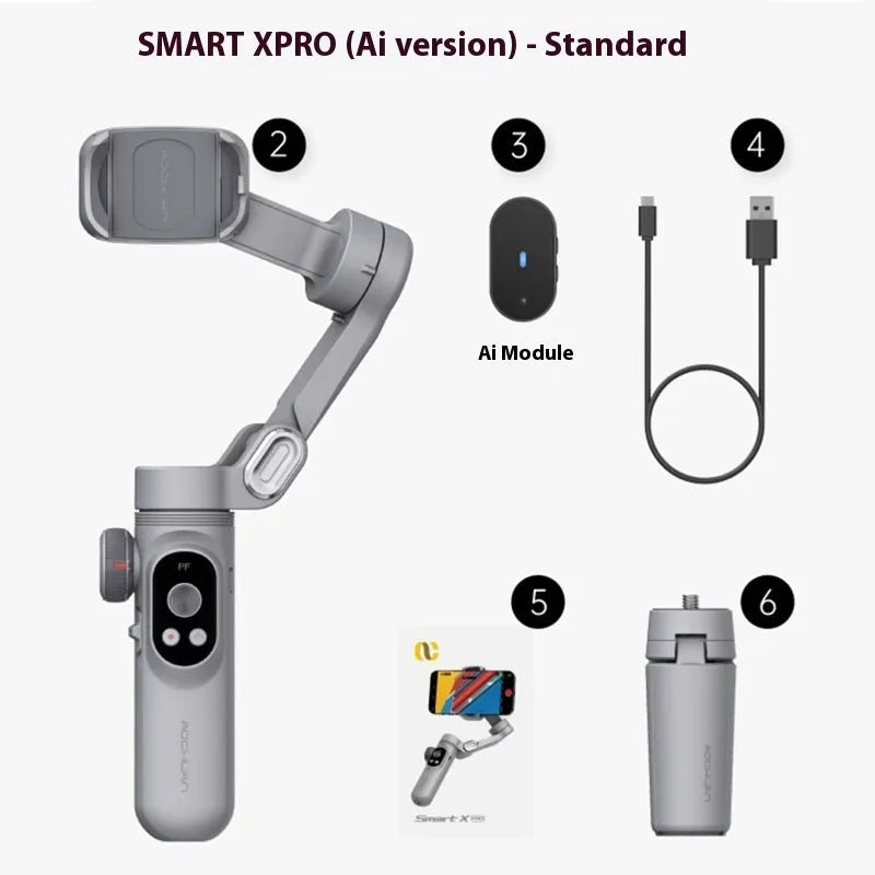 Black mobile phone stabilizer PTZ gimbal with AI tracking module and tripod on a flat surface