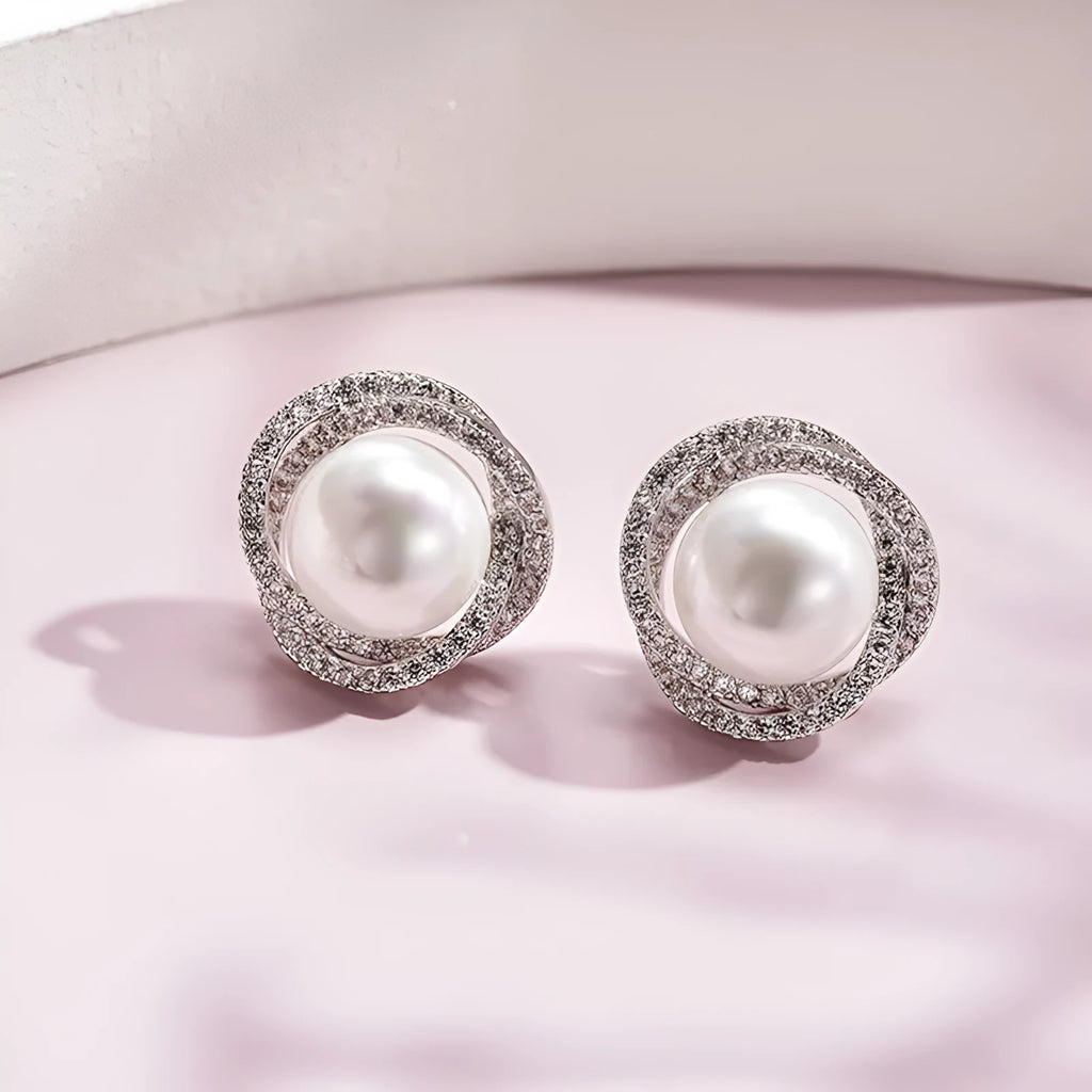Diamond Rose Pearl Stud Earrings with Rhinestone Inlay Copper Silver Needle Geometric Korean Style White Gold