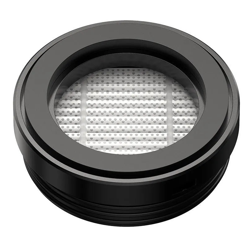 Baseus handheld car vacuum cleaner in black, white, or green next to a dust bin and blowing hose.
