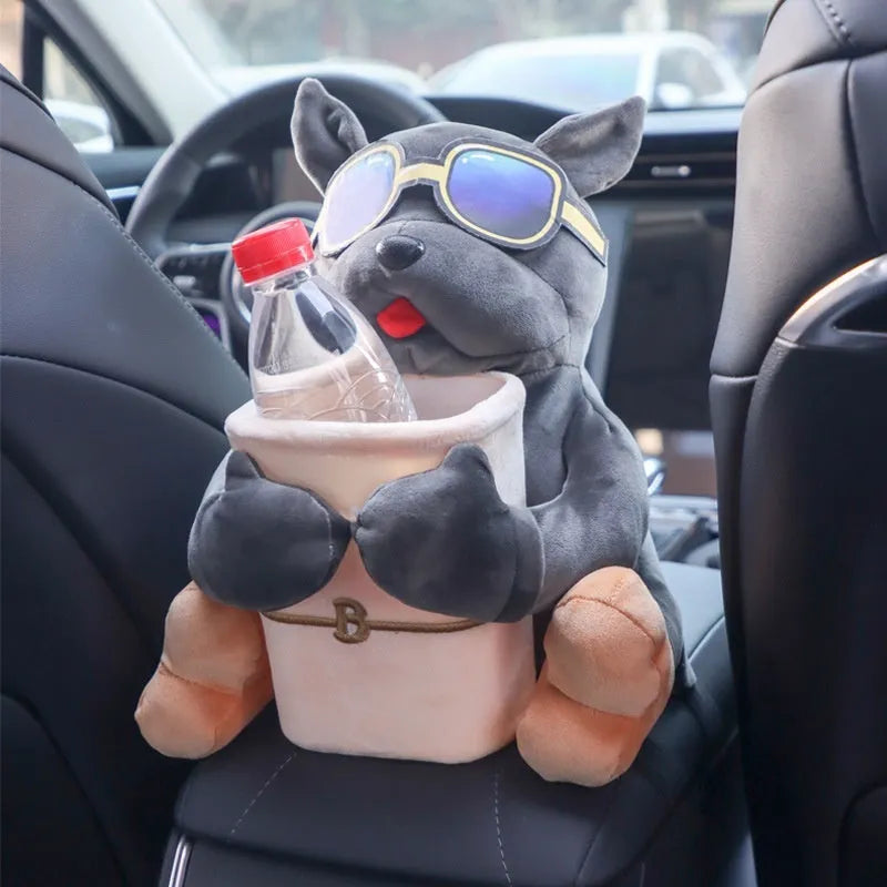 Plush car tissue box hanging from vehicle armrest in character design