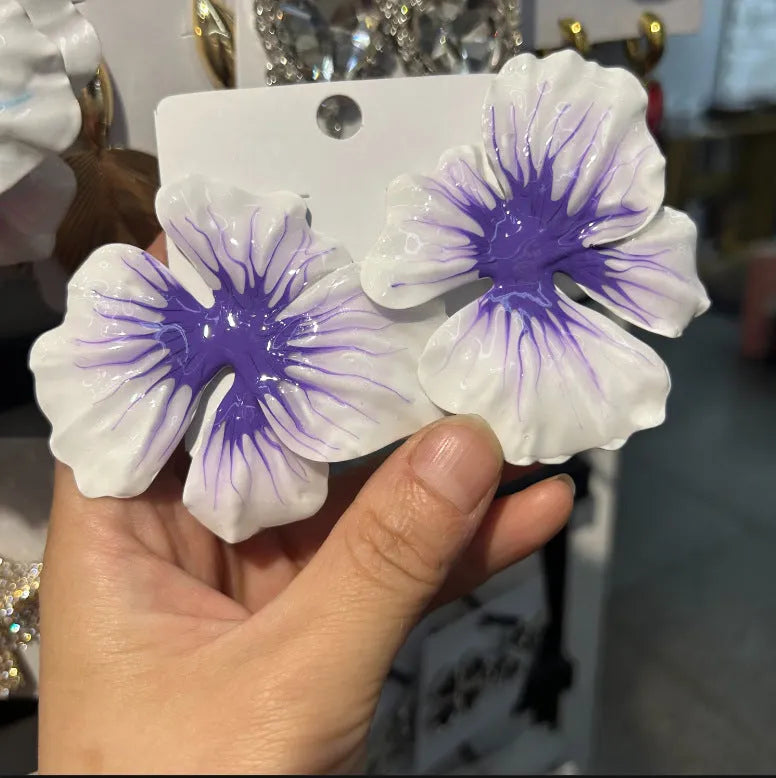 Alloy flower stud earrings with oil-spot glaze finish in blue, green, purple, and rose colour variations