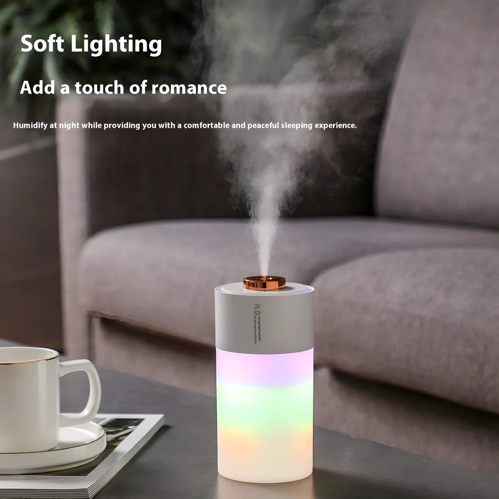 Homehold colourful USB humidifier in white columnar shape on a desk