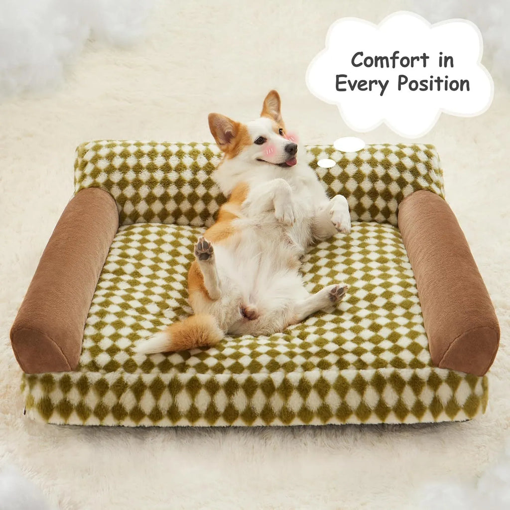 Grey checkered pet sofa bed for cats and small dogs with a washable cover on a wooden floor.