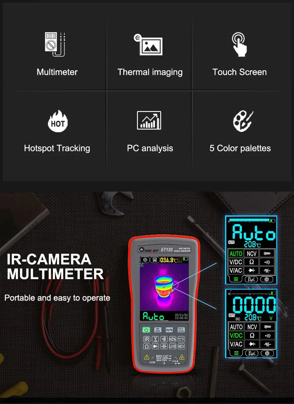 ET13S ET13PRO thermal imaging digital multimeter with 2.8-inch touch screen display