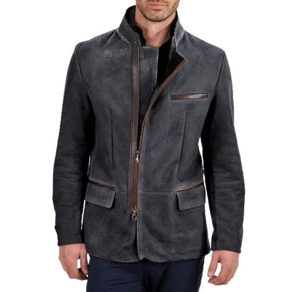 Vintage men's casual coat with stand collar, zipper front, and tooling patchwork in gray
