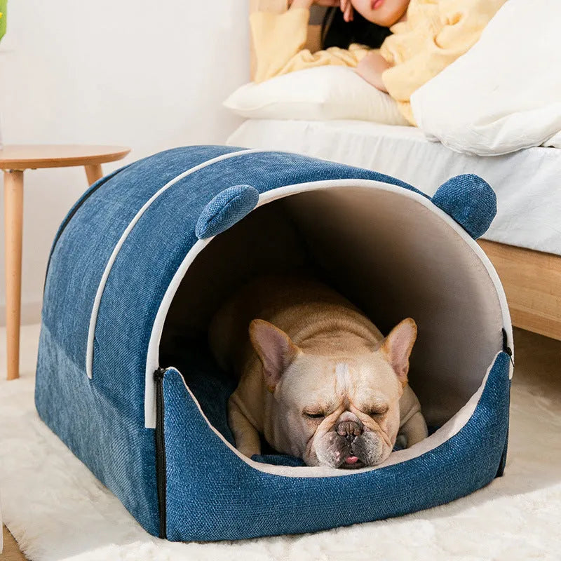 Enclosed chenille pet kennel with removable washable cover in blue, M size, for dogs under 10kg