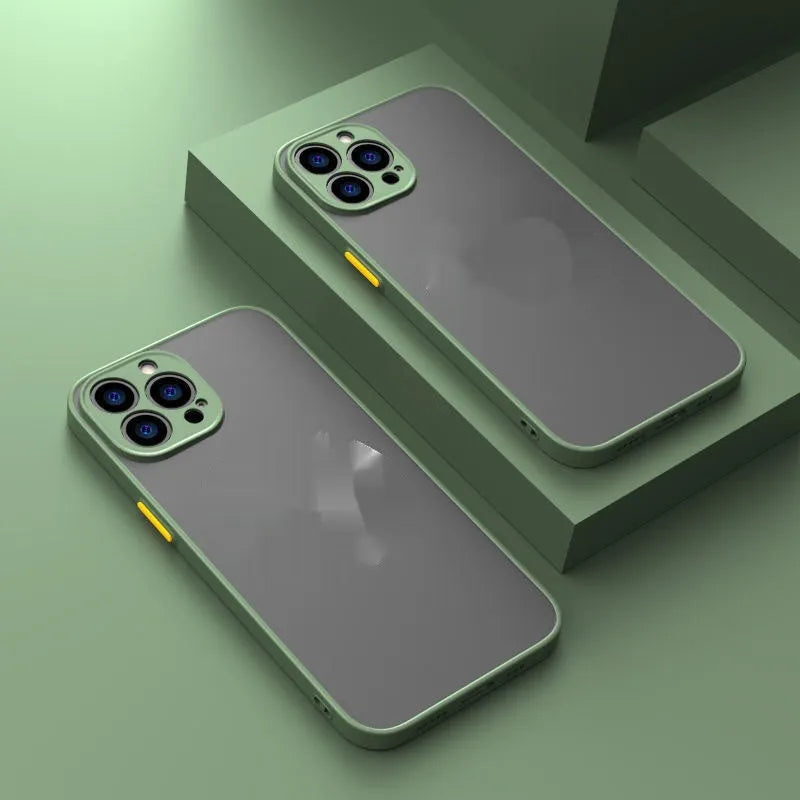 Frosted skin magnetic suction iPhone case in multiple colours on a table