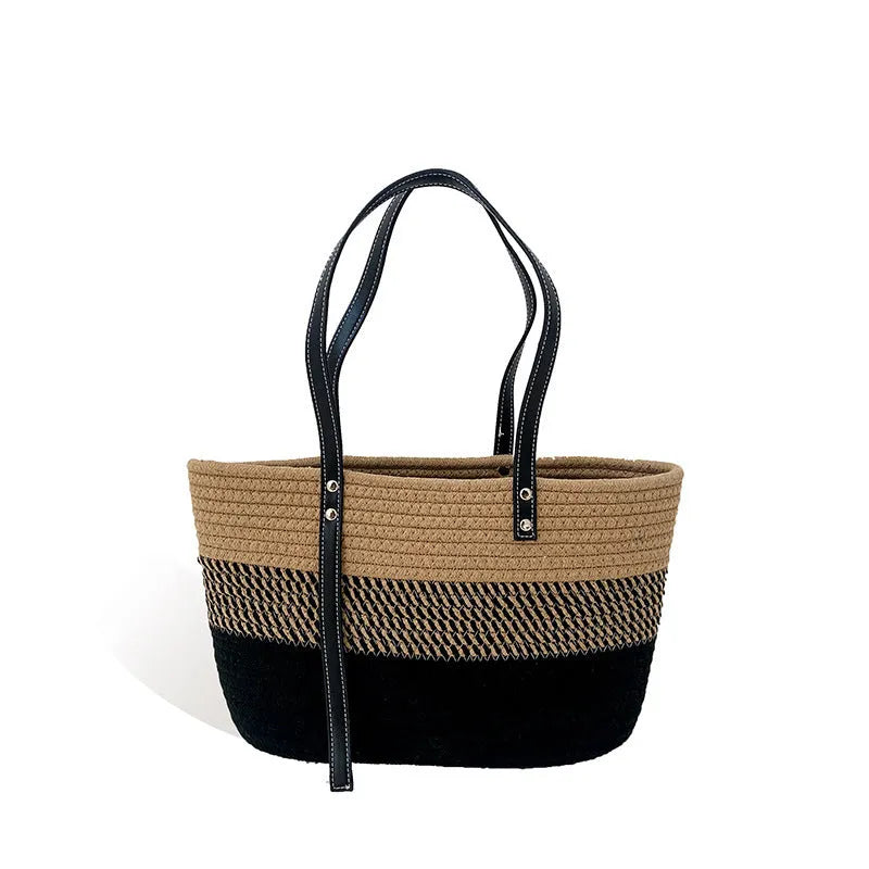 Hand woven cotton vegetable basket beach bag in oval shape with double shoulder straps