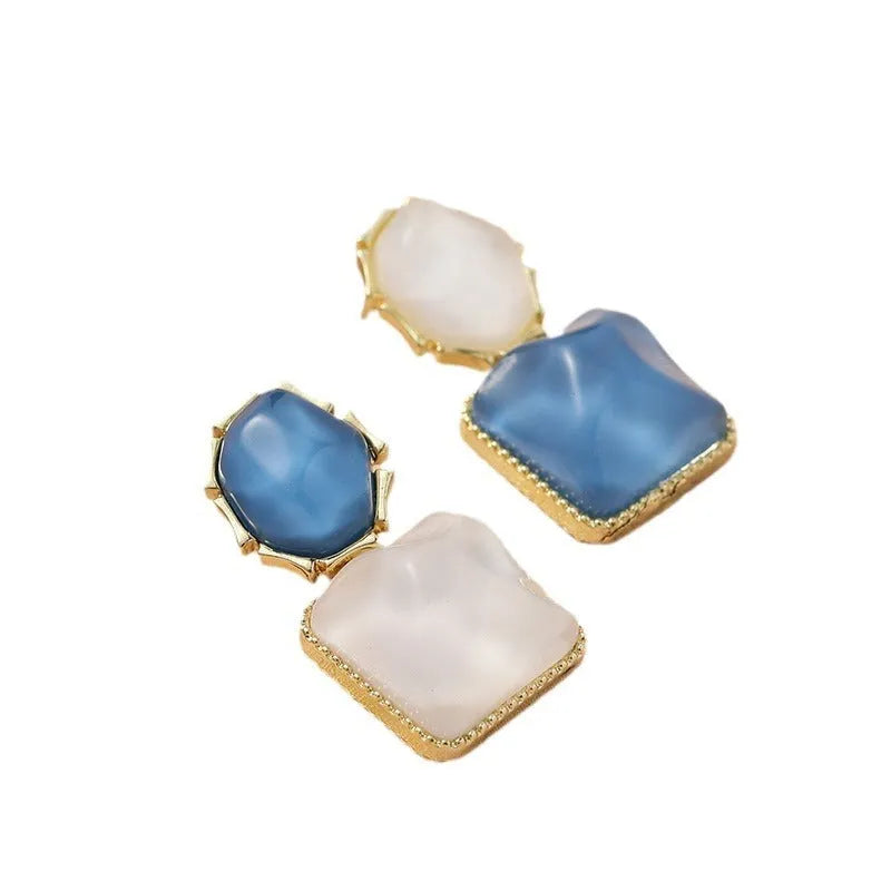 Geometric square earrings with water ripple contrast colour design in electroplated alloy, Korean style, for women