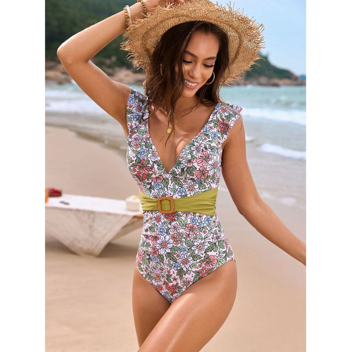 Womens one-piece swimsuit with back lace ruffled belt in solid colour nylon spandex fabric