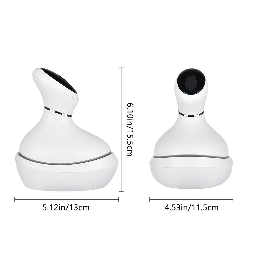 White rechargeable waterproof electric scalp head massager with wireless remote control on a surface