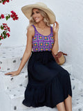 Purple sleeveless dress with hand hook floral stitching on cotton yarn fabric