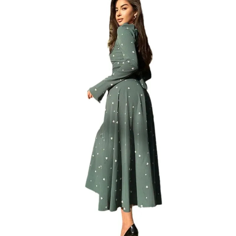 Women's floral print maxi dress, long sleeve, high waist, lace-up tie, black grey green apricot white