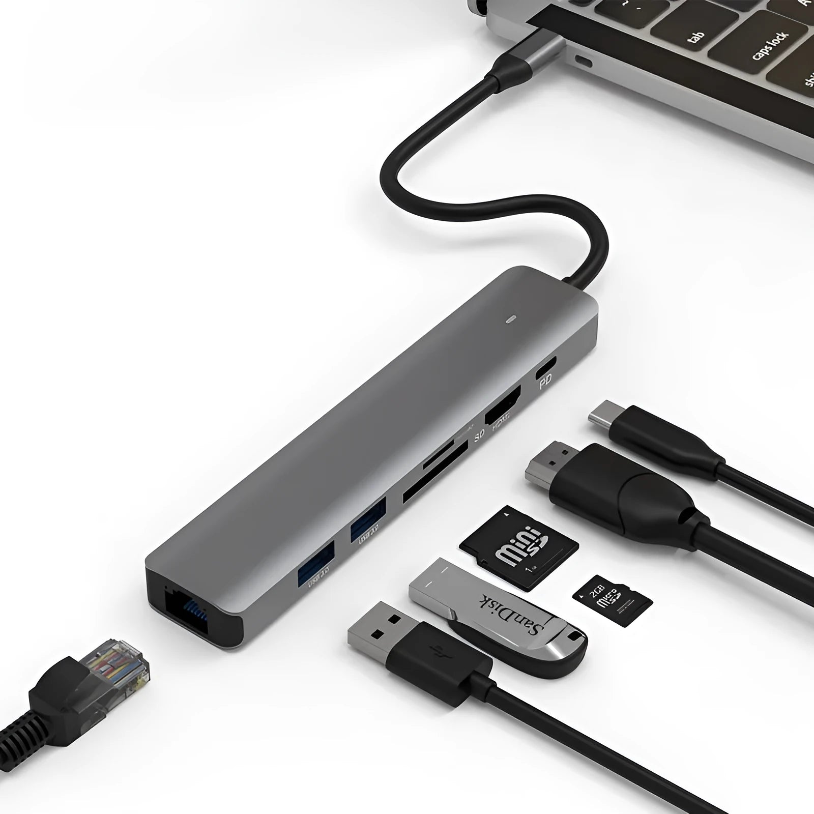 LQT-LH07 7-in-1 PD computer hub with multiple ports for laptop connectivity expansion.
