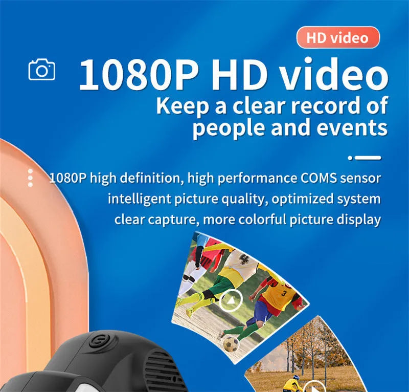 Black retro-style mini digital video camera with small screen shown on a table.