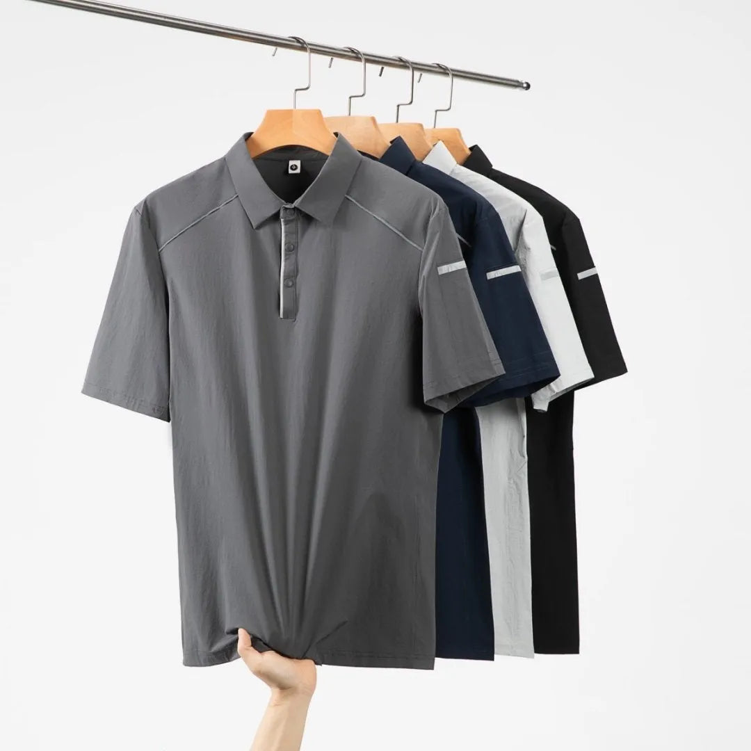 Loose-fit nylon T-shirt with a stand-up collar and colour stitching detail on the front.