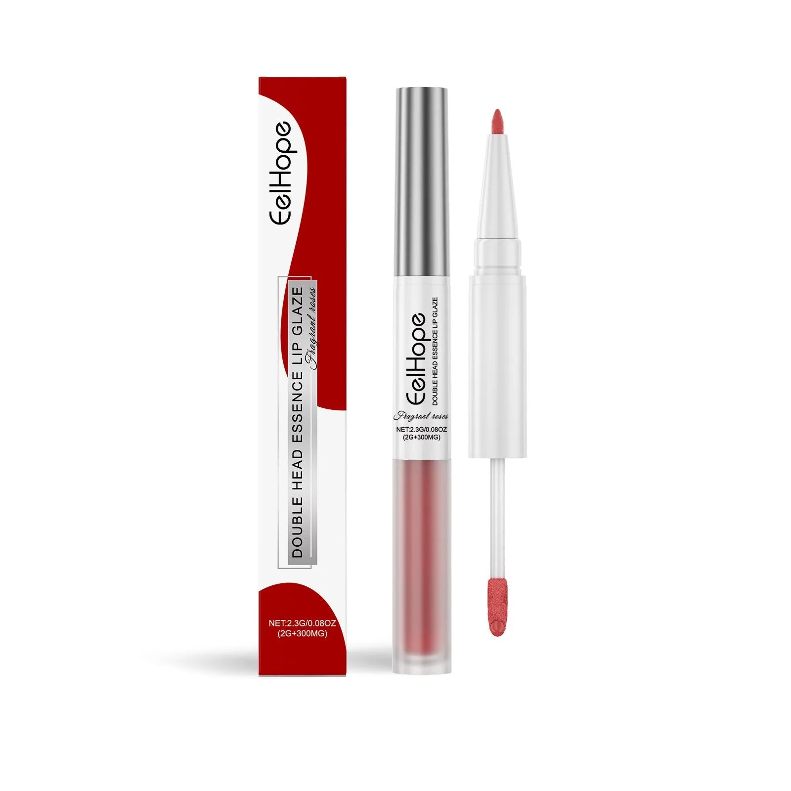 Double-headed lip liner and lip lacquer pen makeup tool showing colour options.