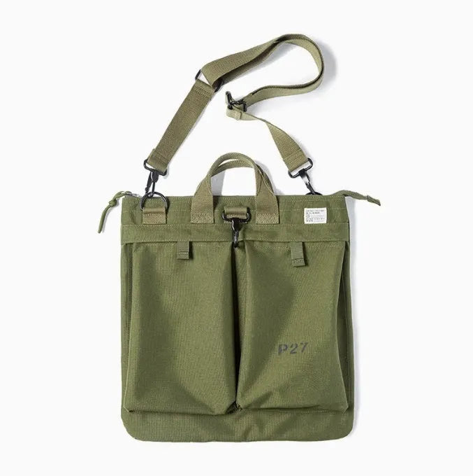 Marden Tooling canvas crossbody bag in military green with laptop compartment showing retro styling