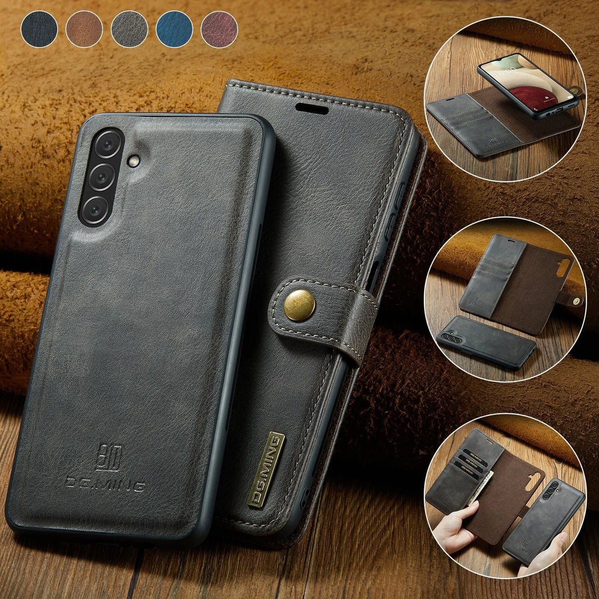 S22 strong magnetic wallet phone case in blue, PU leather with card slots and kickstand
