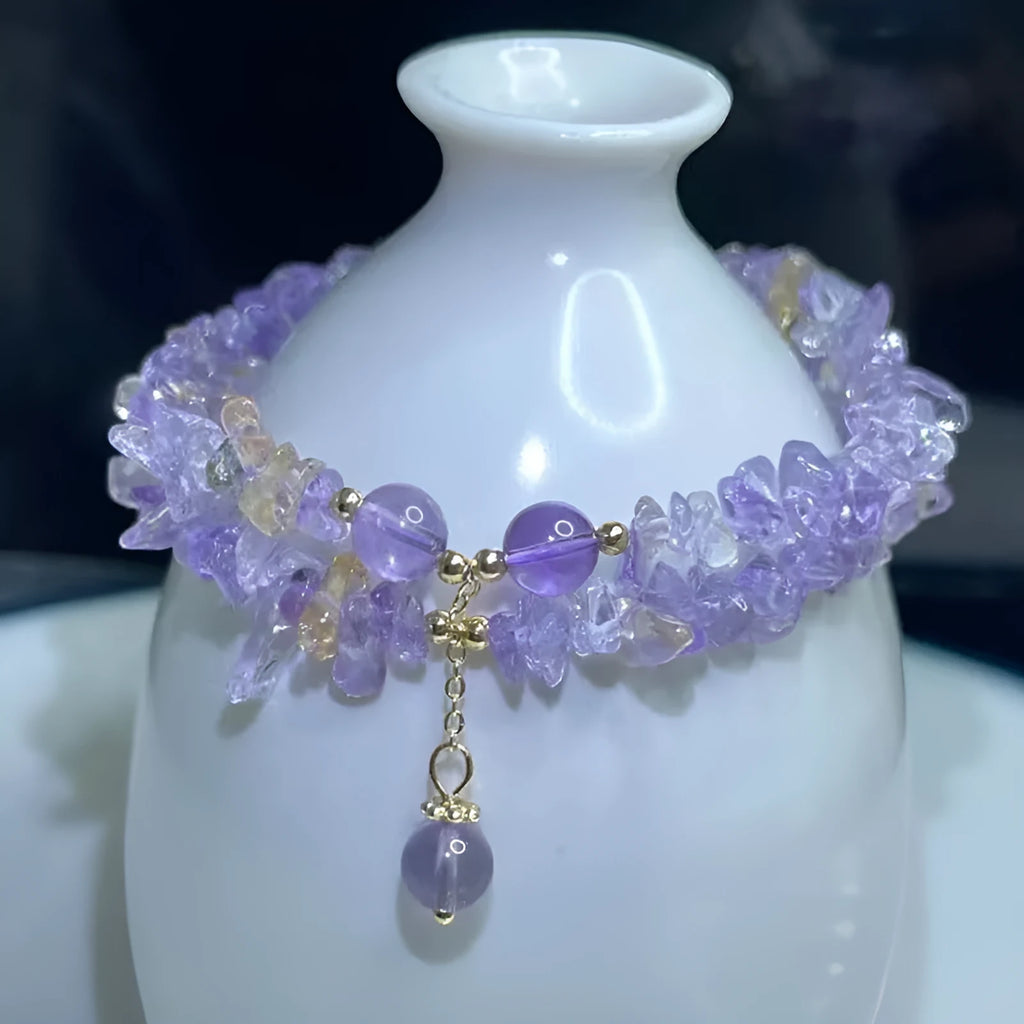 Natural ametrine double row bracelet with gravel-style beads on women's wrist