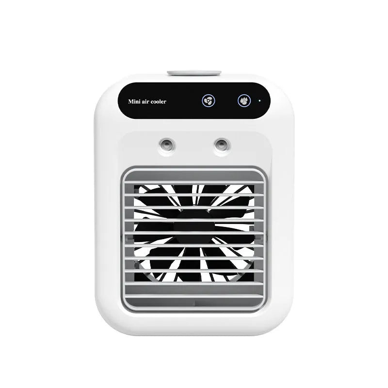 Ivory white portable USB air cooler fan with touchscreen controls and water tank