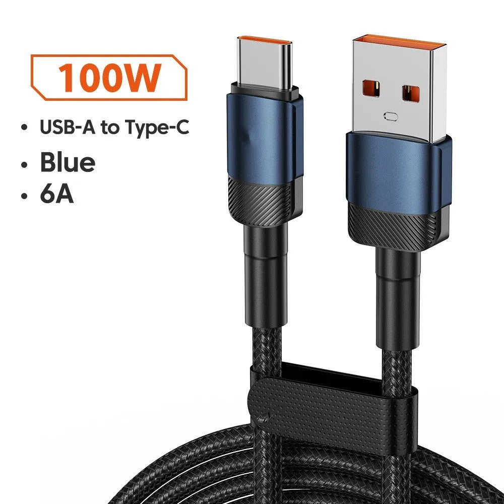 Aluminium alloy woven USB charging cable with 100W PD fast charging in black, blue, purple, or green