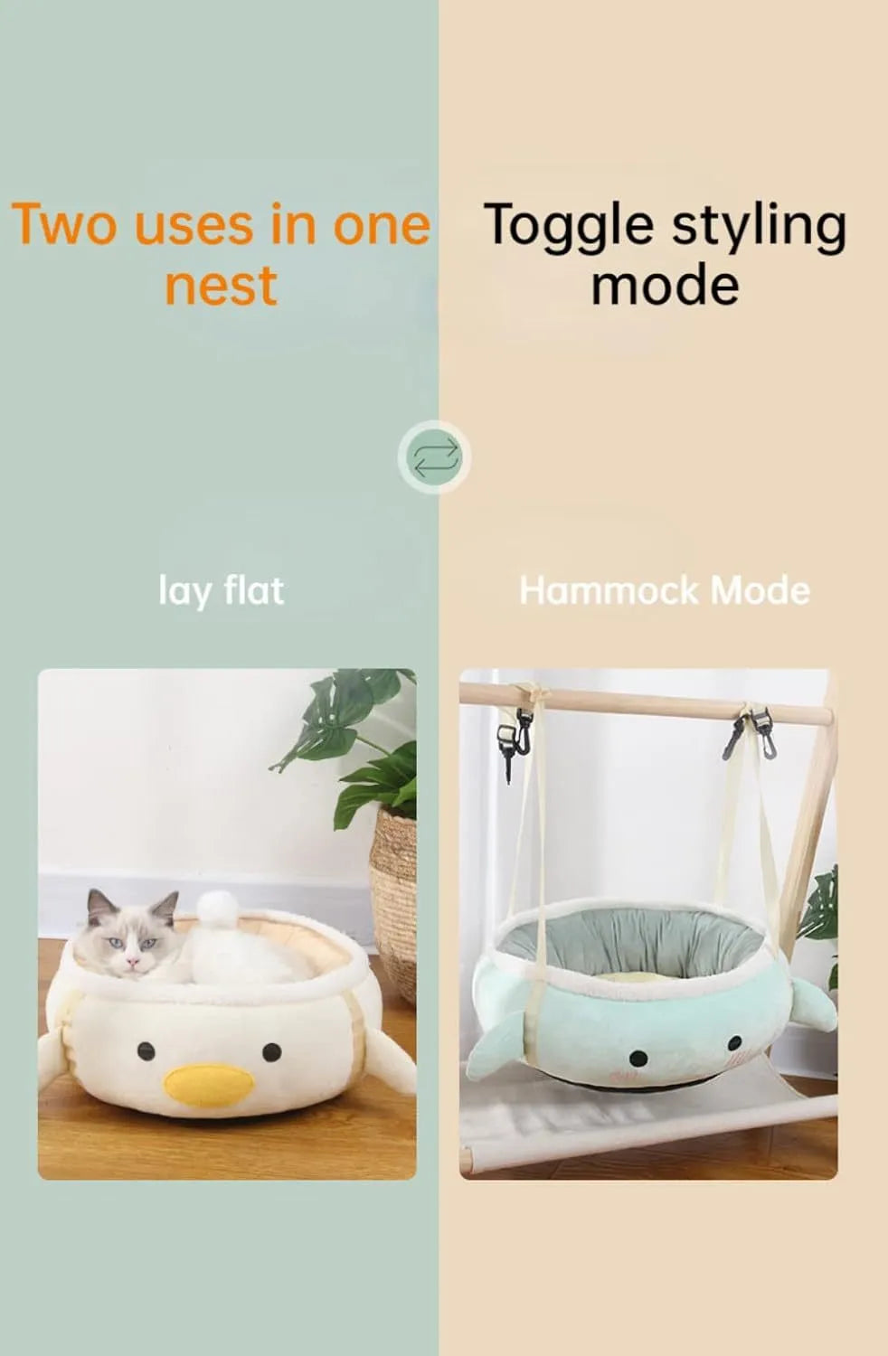 Green chick-shaped cat bed shown both flat and hanging as a hammock for a small cat