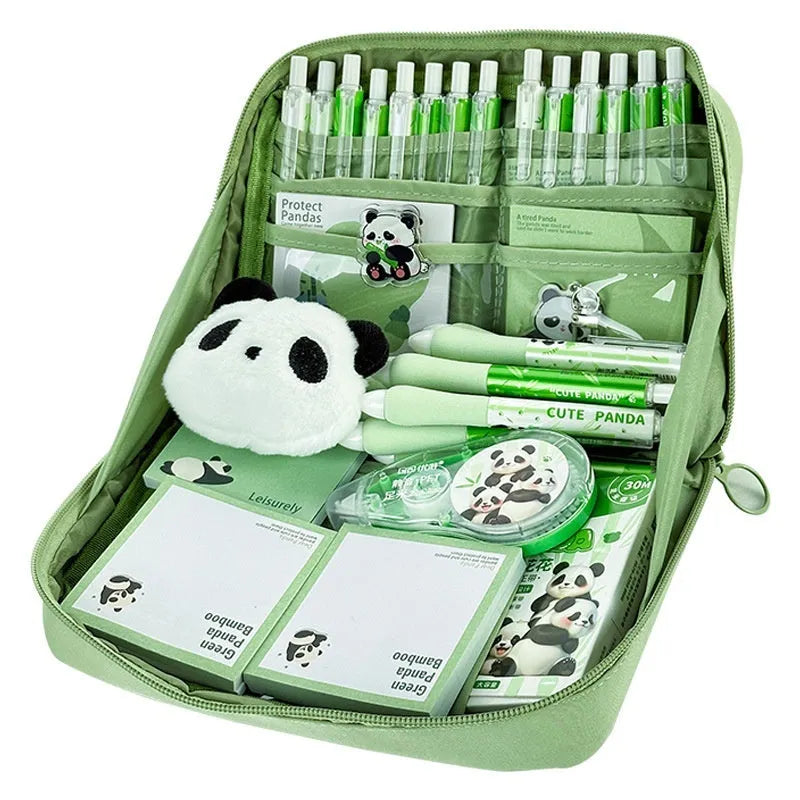 Green canvas pencil case with 12-layer compartmentalised design showing panda-themed Korean style elements