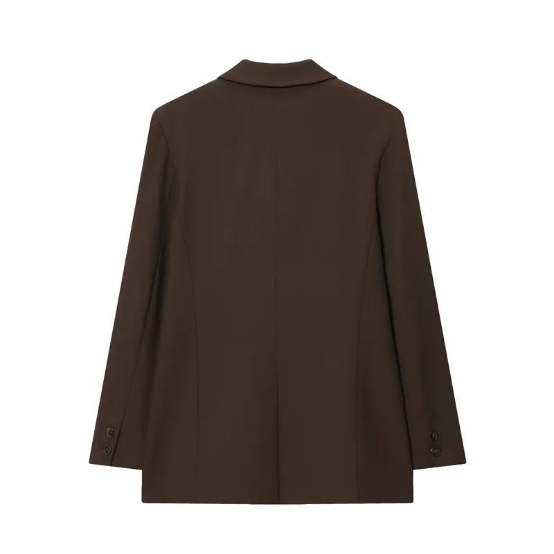 Women's pleated padded shoulder jacket and straight-leg trousers set in solid colour polyester fiber, loose fit, size S