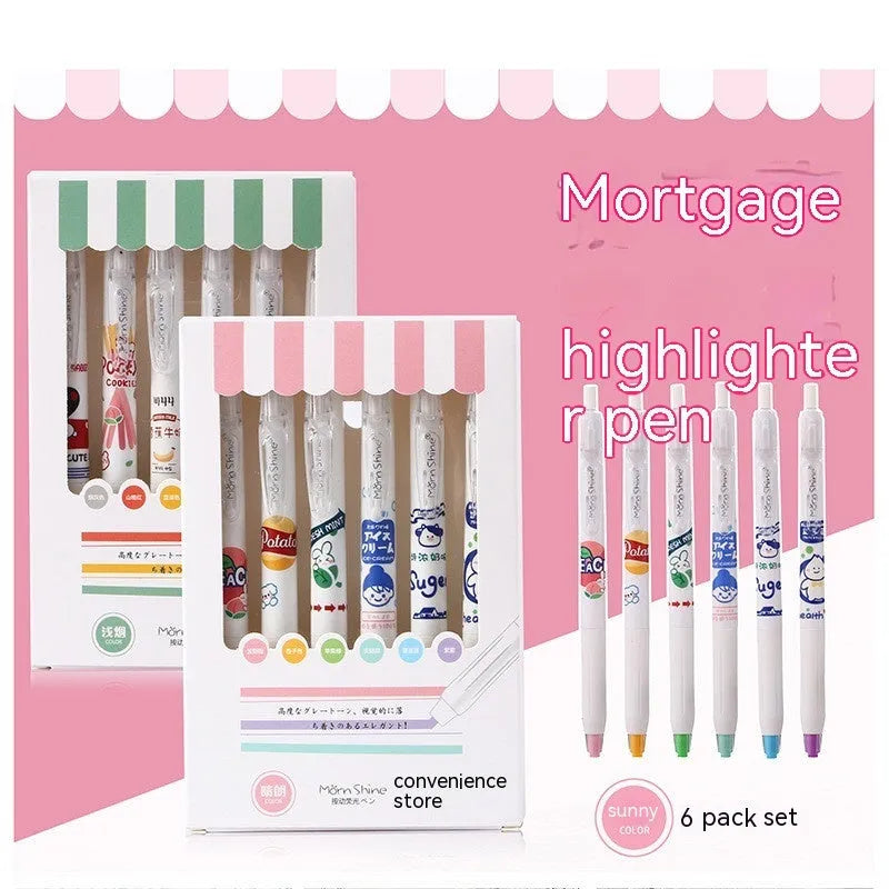 Six fluorescent highlighters in assorted neon colours with oblique tips in a cardboard box