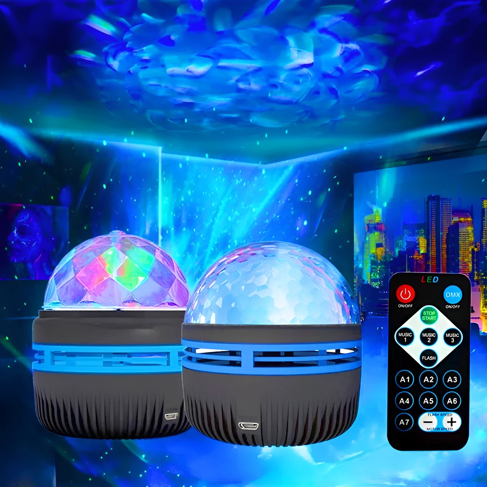 Compact white LED star projector lamp on a table, projecting galaxy light patterns on a dark wall.
