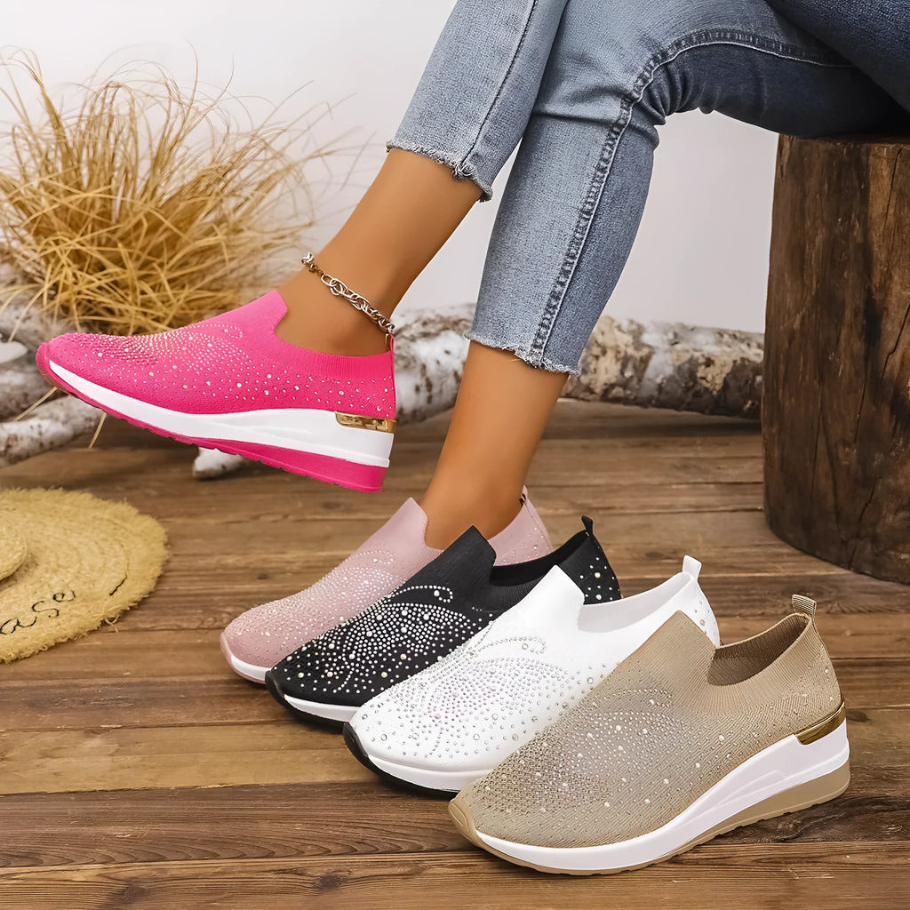 Women's wedge pumps with rhinestone decoration, round toe, mesh upper, low heel 1-3cm
