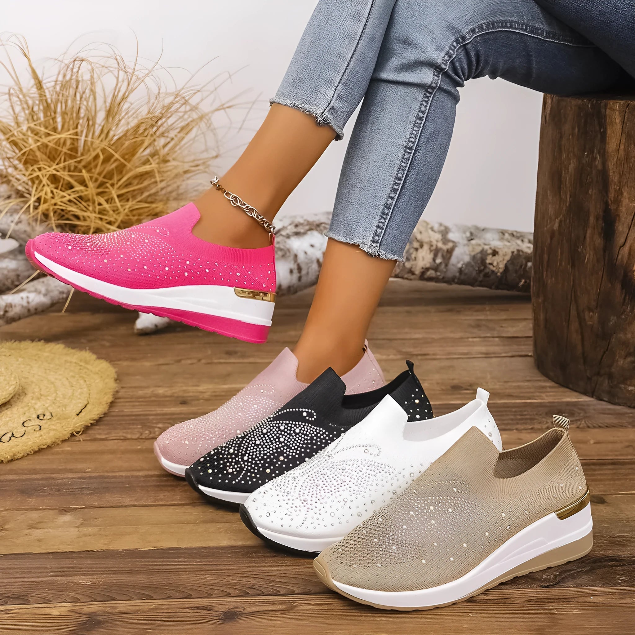 Women's wedge pumps with rhinestone decoration, round toe, mesh upper, low heel 1-3cm