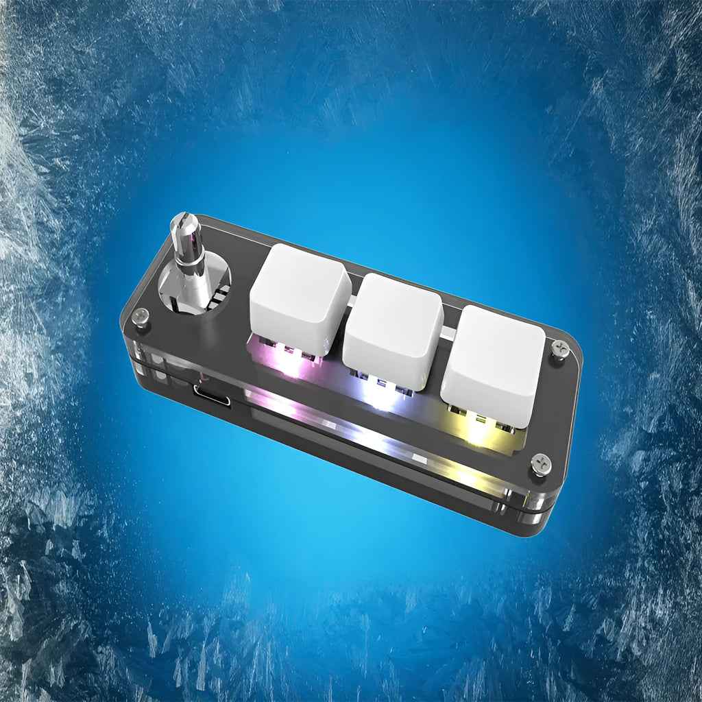 Black and white programmable macro keyboard with RGB backlight showing 15cm size next to USB cable