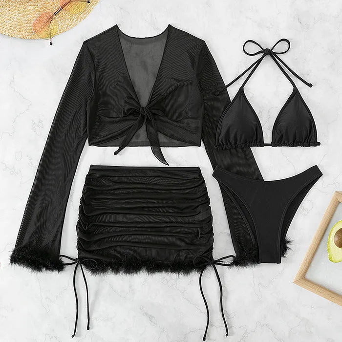 Black women's long-sleeve bikini set for swimming and beach activities