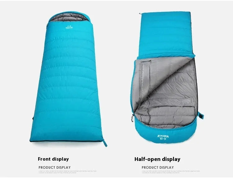 Black outdoor sleeping bag with envelope design, shown with a bladeless fan accessory.