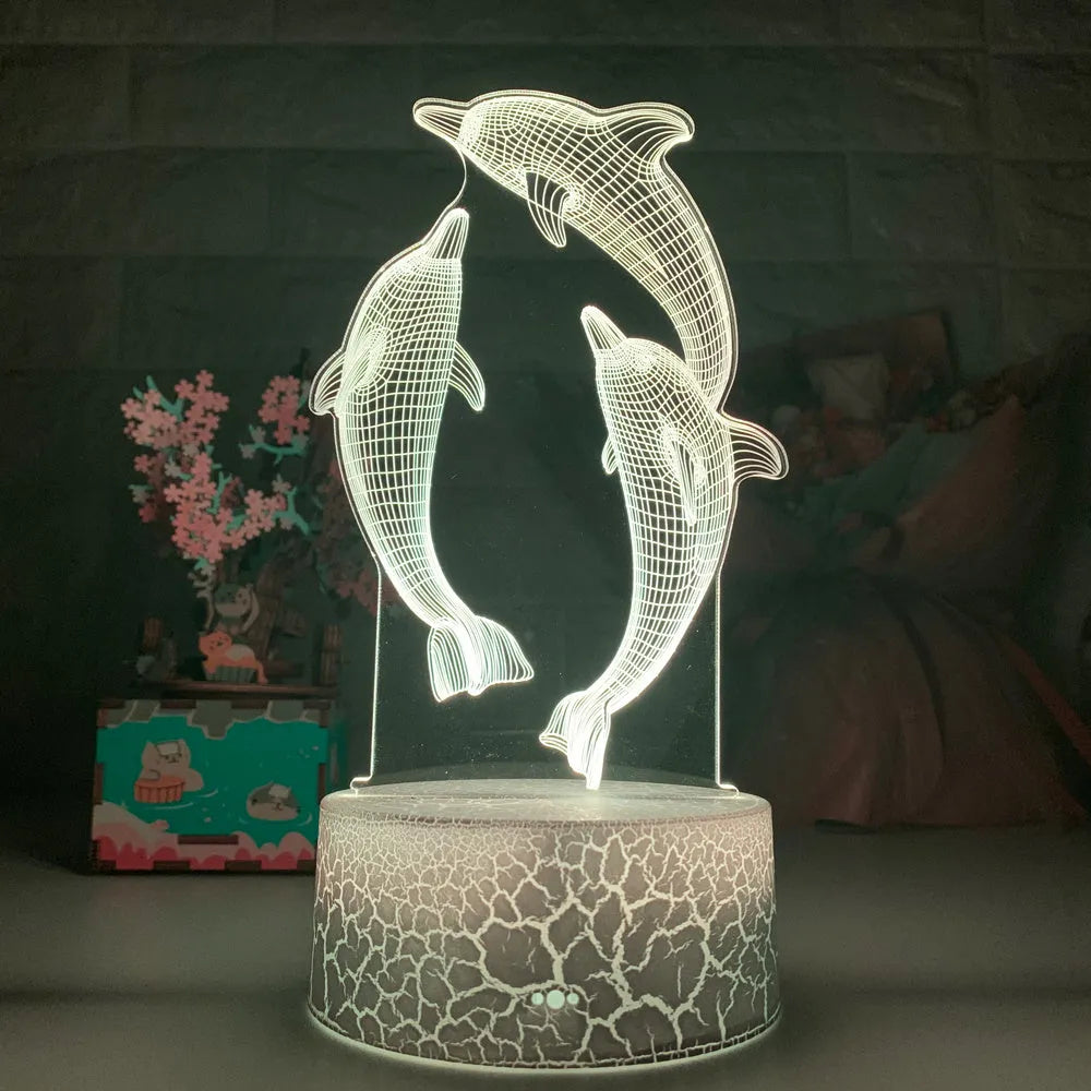 3D dolphin LED night light with acrylic board and ABS base, black or crackle, touch and remote control, USB powered.
