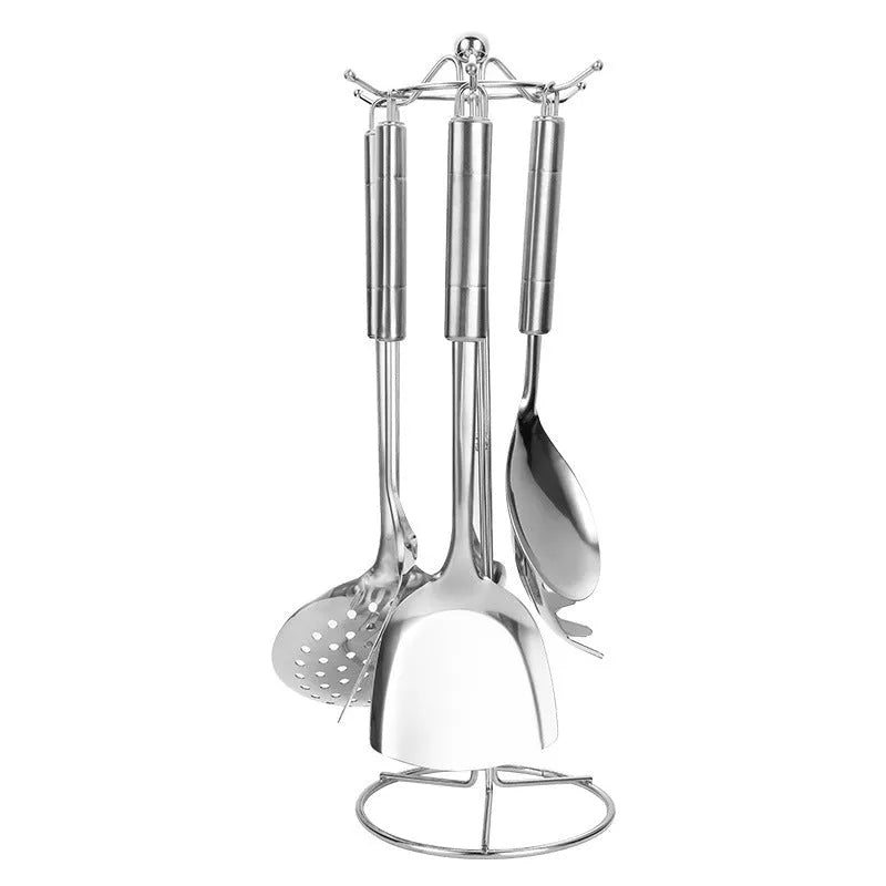 6 piece stainless steel kitchenware set with anti-scalding design, including shovel, spoons and colander