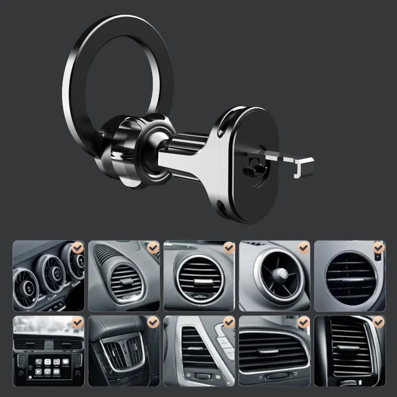 Black magnetic car air vent phone holder with O-ring bracket attached to a car vent.