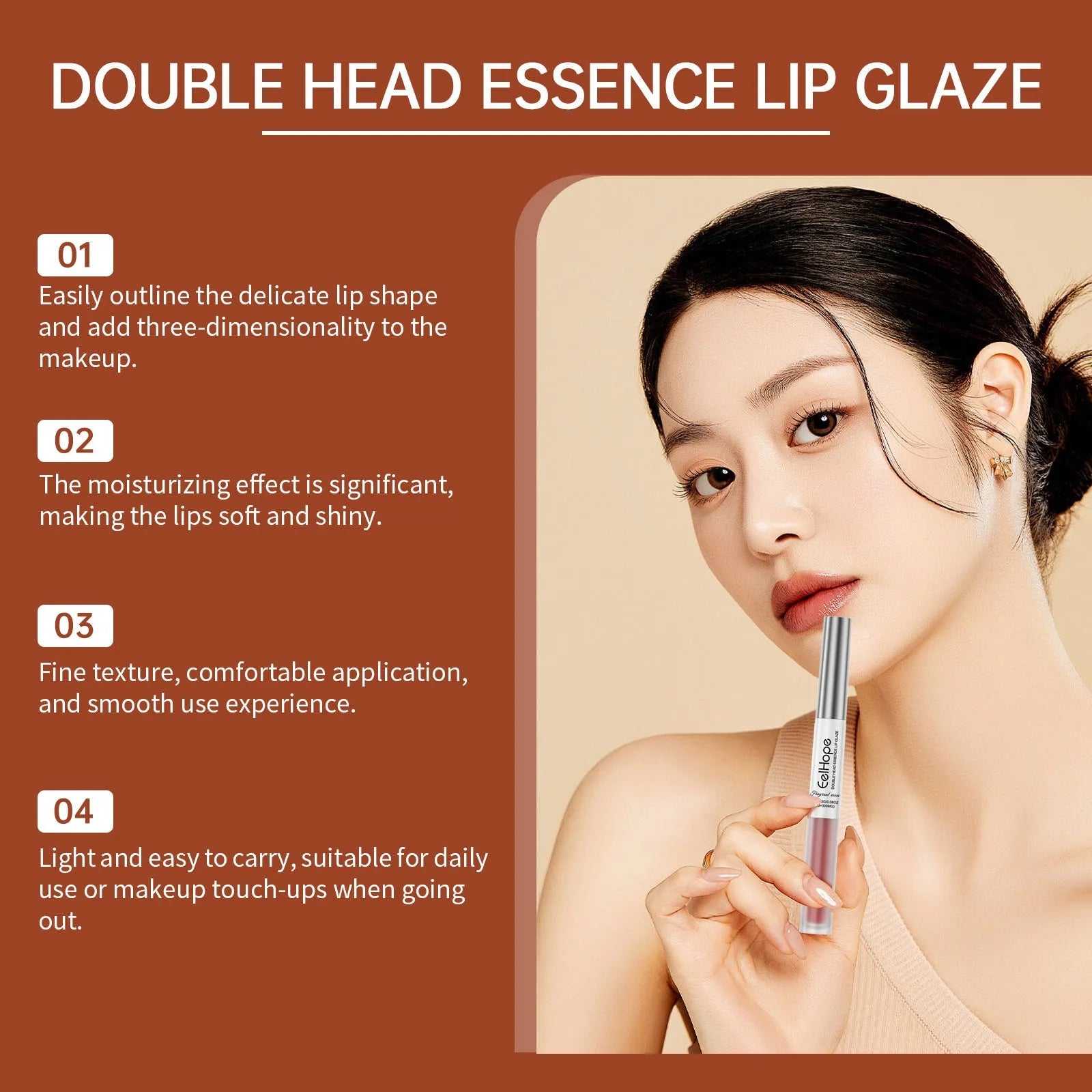 Dual-ended lip liner and lacquer pen showing two applicator tips and three colour shade options.