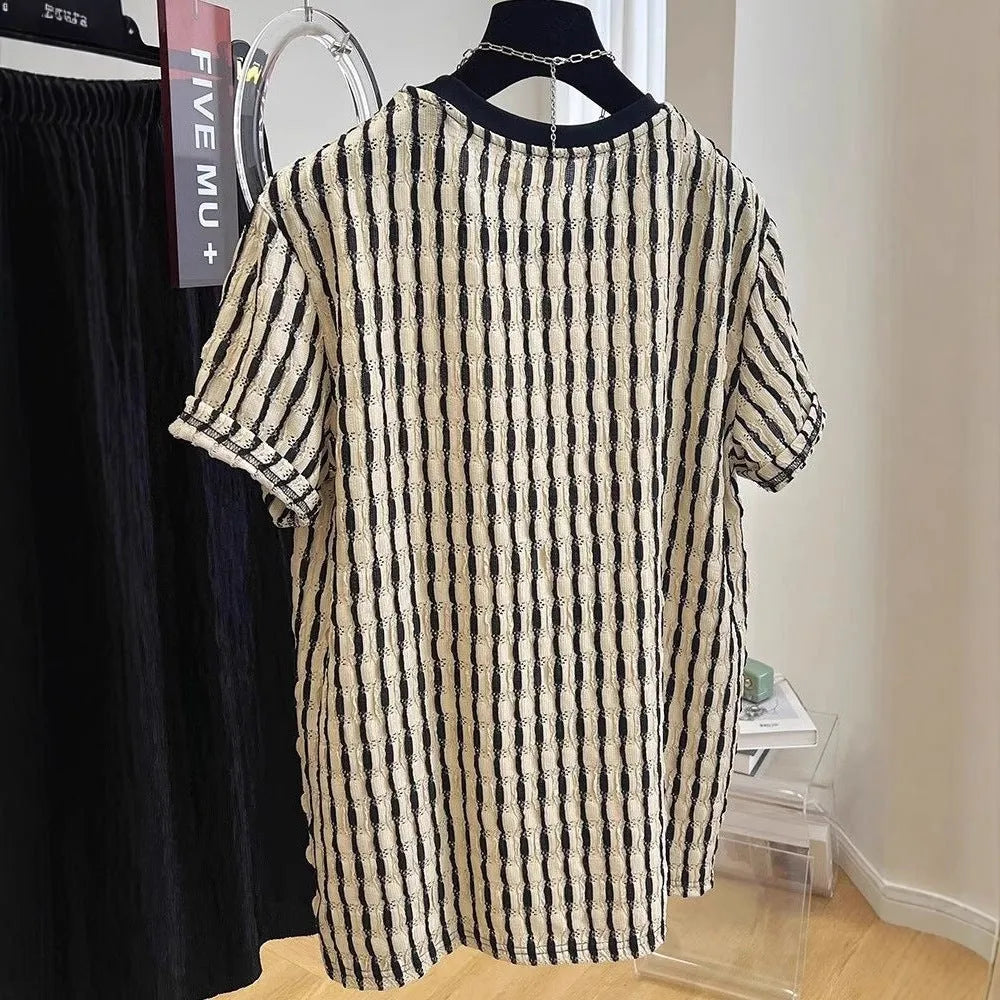 Men's black striped loose fit casual short sleeve shirt in linen silk blend fabric