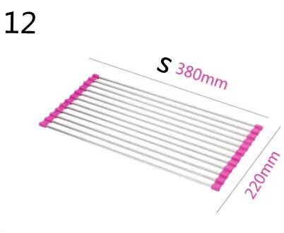 Folding stainless steel kitchen sink drying rack in red colour, shown extended for use.