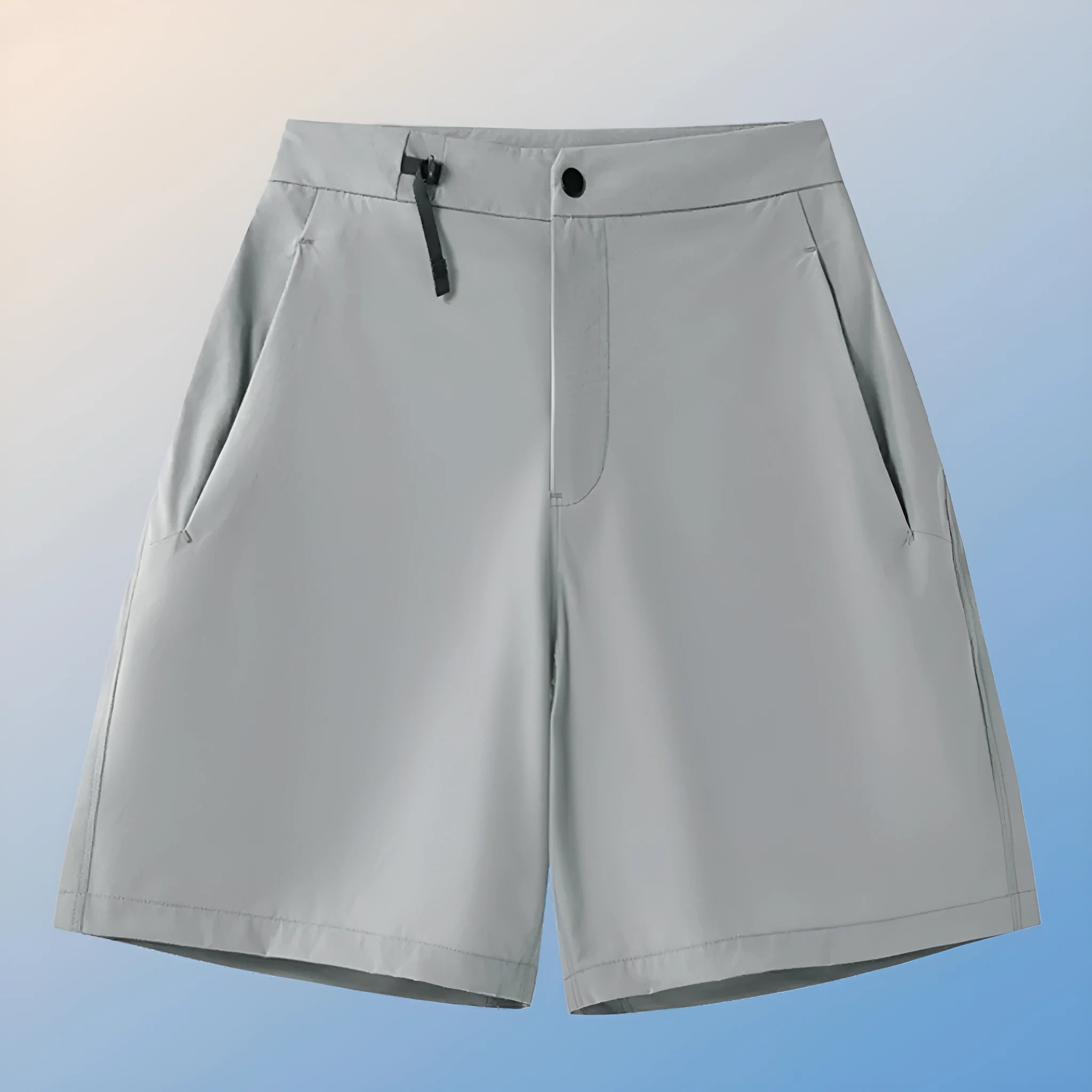 Men's khaki sports shorts with 3D cut and four-way stretch fabric for running and climbing.