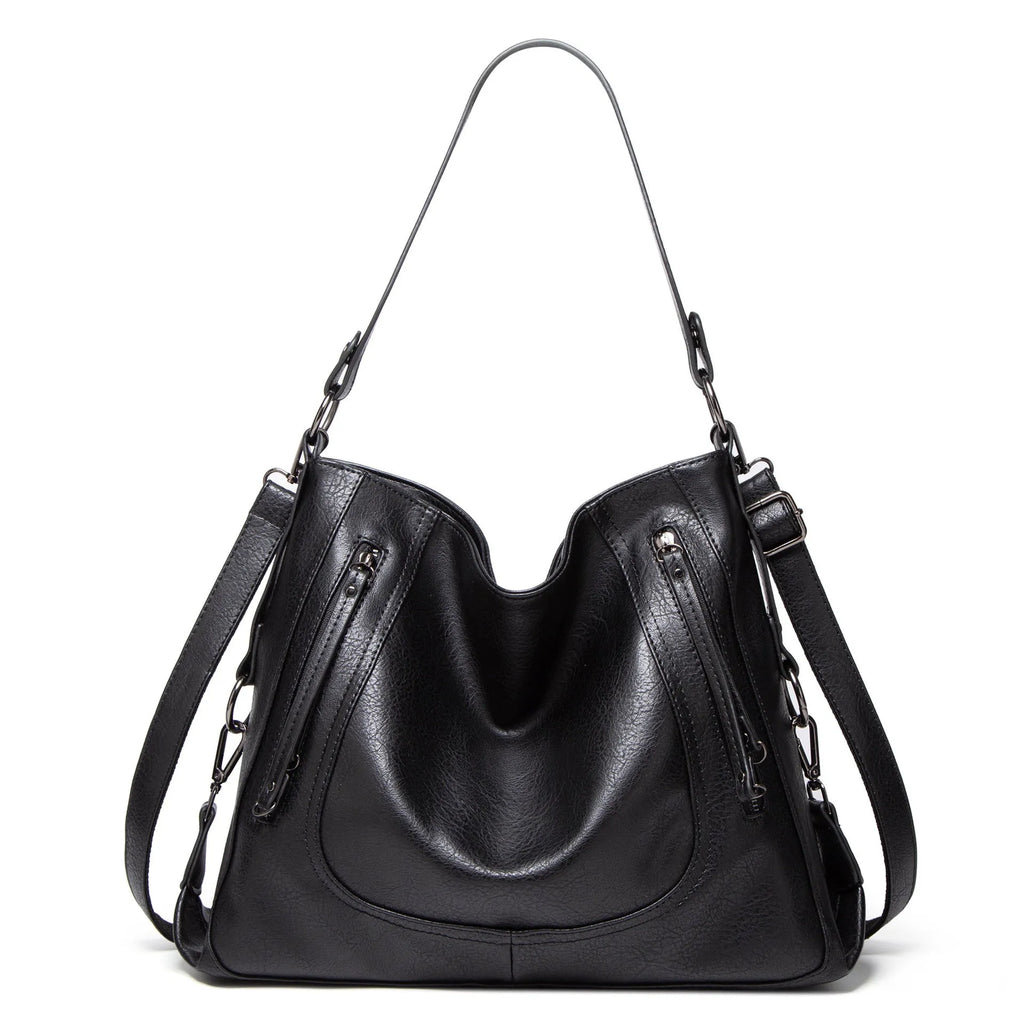Large capacity soft PU retro tote bag with sewing line detail in bucket shape, outer sandwich pocket, shoulder strap