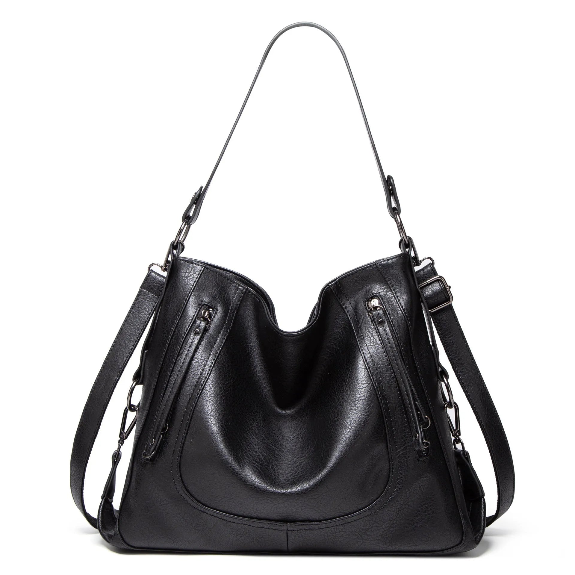 Large capacity soft PU retro tote bag with sewing line detail in bucket shape, outer sandwich pocket, shoulder strap