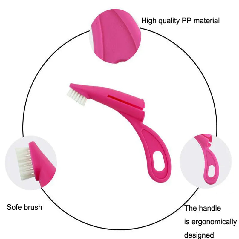 Red and white pet finger toothbrushes with silicone bristles for cleaning dog and cat teeth.